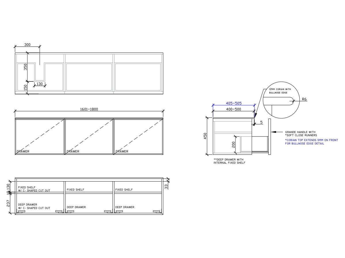 ISSY Adorn Above Counter / Semi Inset Wall Hung Vanity Unit with Three Drawers & Internal Shelves with Grande Handle 1601-1800mm x 400-500mm x 450mm OFFSET LEFT