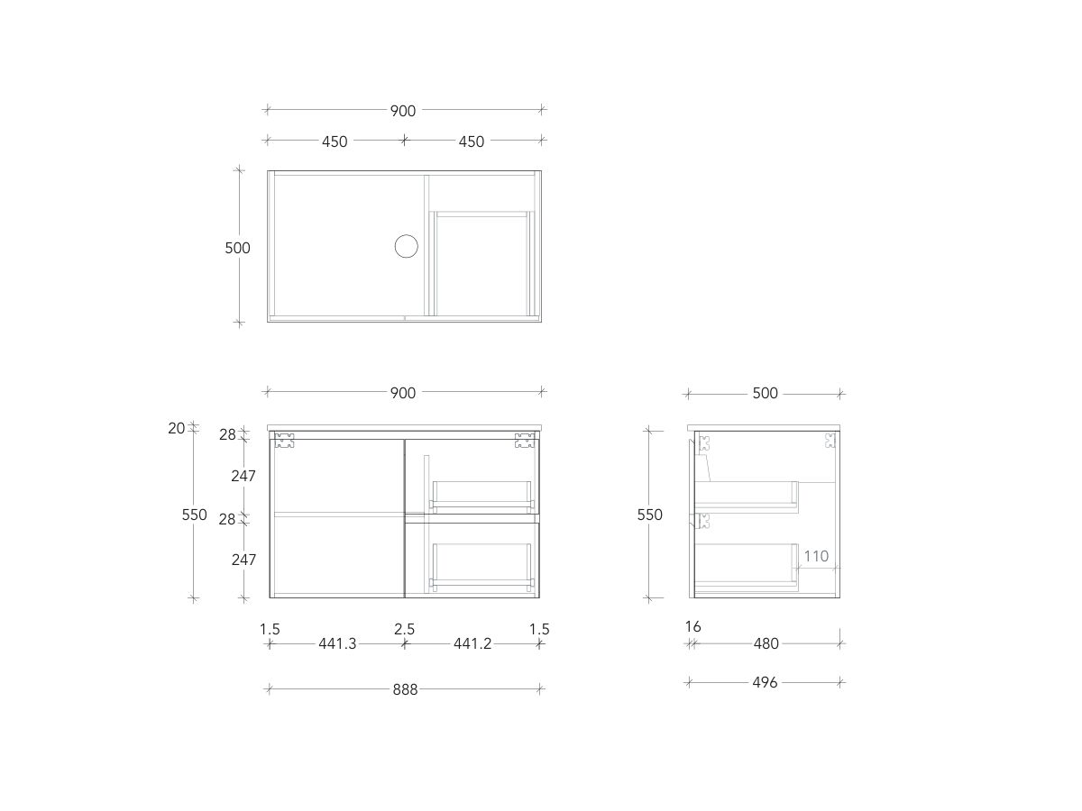 Technical Drawing - Posh Domaine Conventional 900mm Wall Hung Vanity Centre Basin 20mm Top