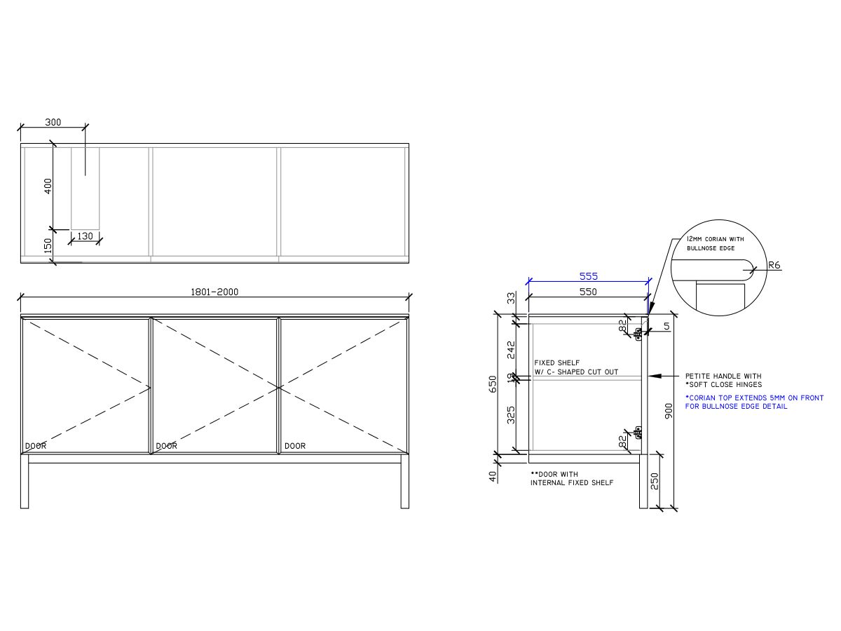 ISSY Adorn Undermount Vanity Unit with Legs Three Doors & Internal Shelves with Petite Handle 1801-2000mm x 550mm x 900mm OFFSET LEFT (CENTRE LEFT)