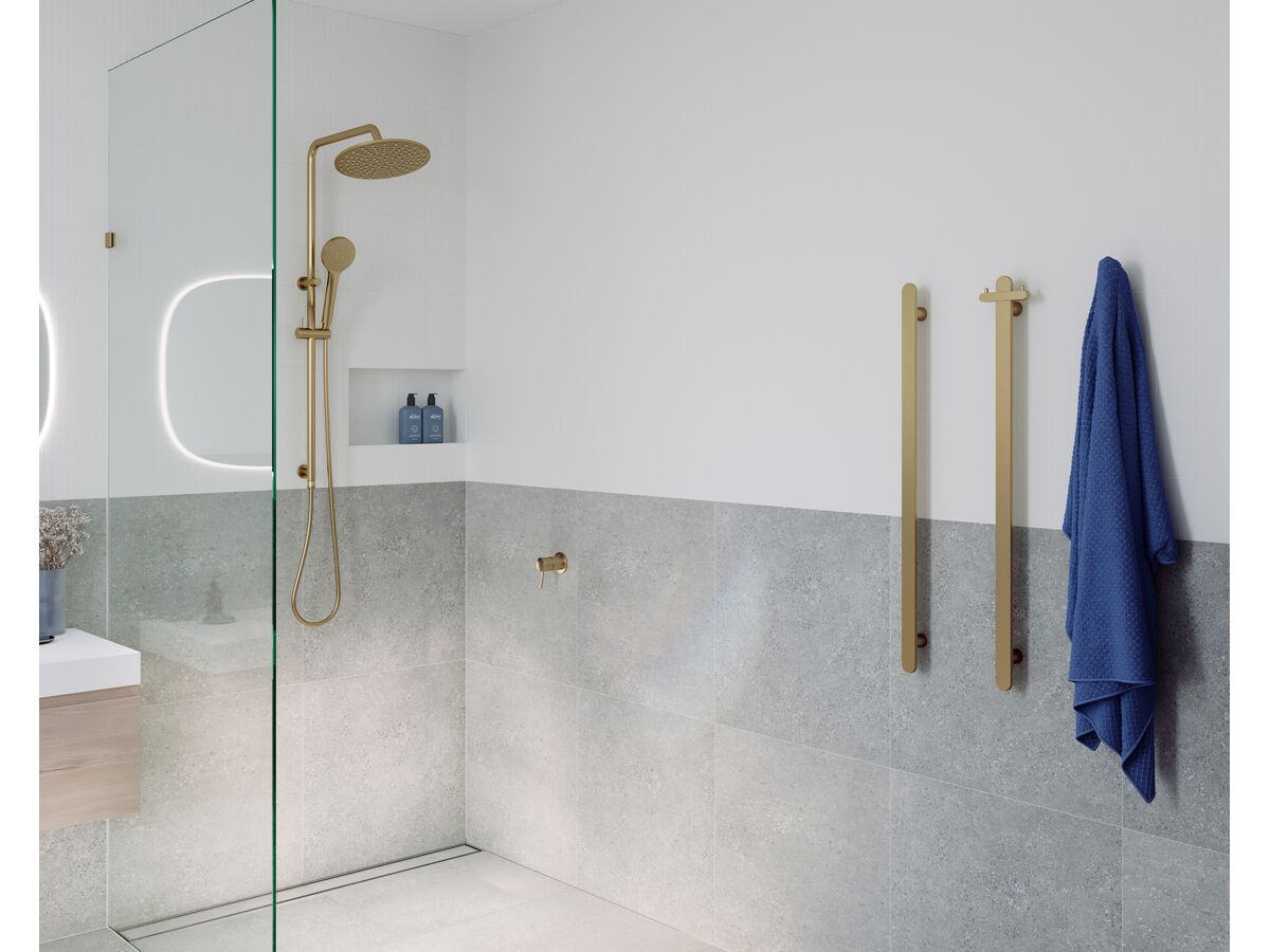 Mizu Soothe Vertical Heated Towel Rail and Double Robe Hook Brushed Gold