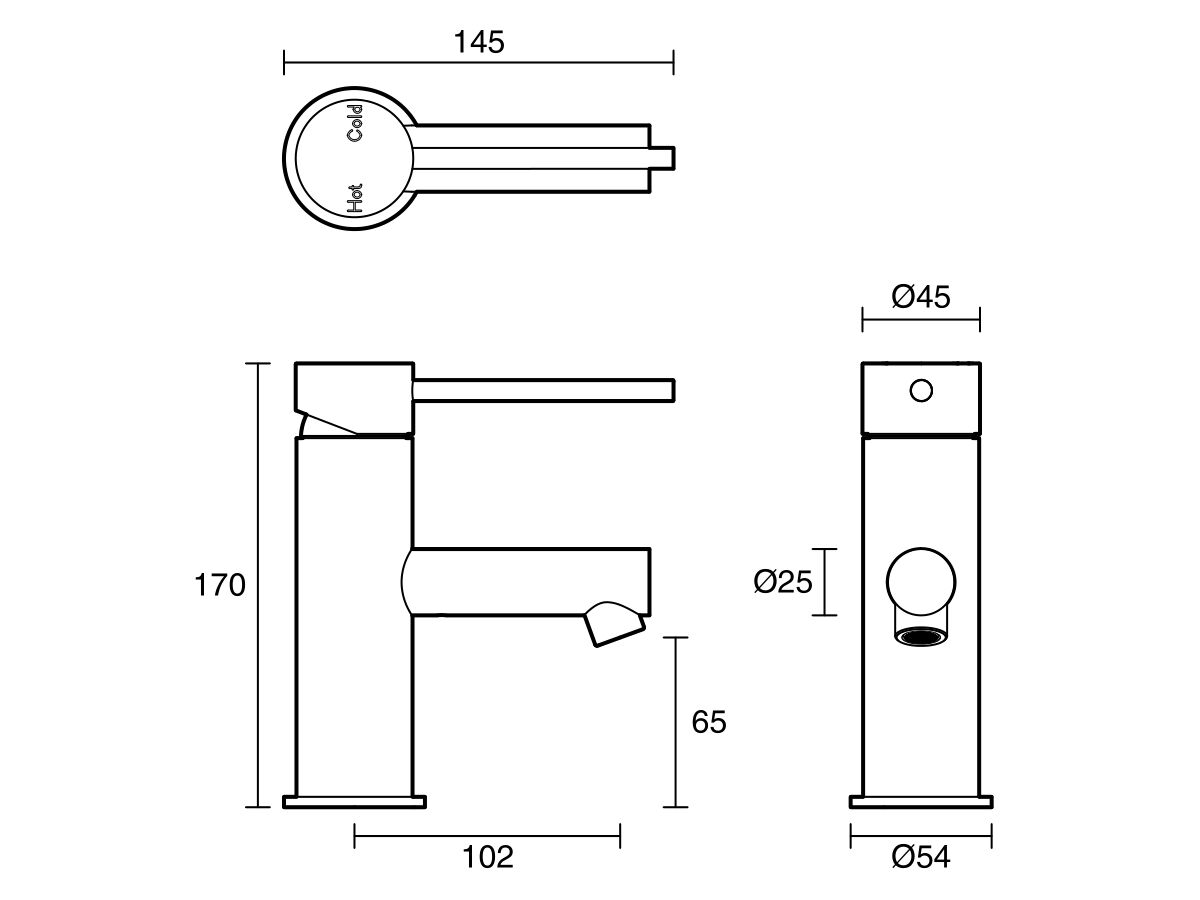 Technical Drawing - Scala Basin Mixer Tap with 100mm Extension Pin