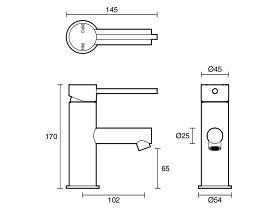 Technical Drawing - Scala Basin Mixer Tap with 100mm Extension Pin