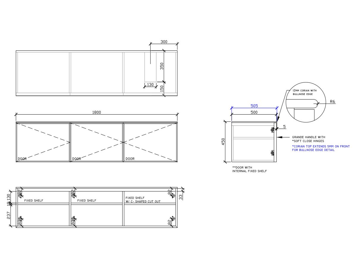 ISSY Adorn Above Counter / Semi Inset Wall Hung Vanity Unit with Three Doors & Internal Shelves with Grande Handle 1800mm x 500mm x 450mm OFFSET RIGHT (CENTRE LEFT)