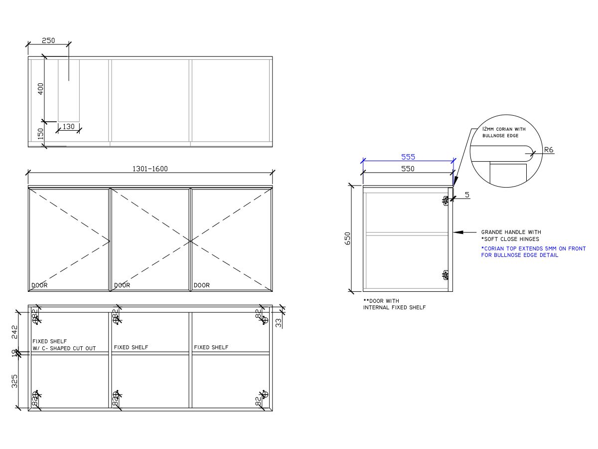 ISSY Adorn Undermount Wall Hung Vanity Unit with Three Doors & Internal Shelf with Grande Handle 1301-1600mm x 550mm x 650mm OFFSET LEFT (CENTRE LEFT)