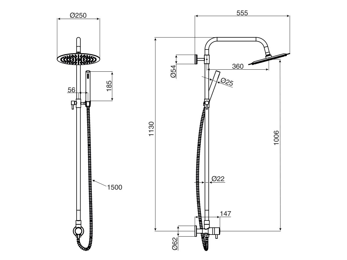 Milli Inox Overhead Twin Rail Shower with Handshower with Bottom Rail