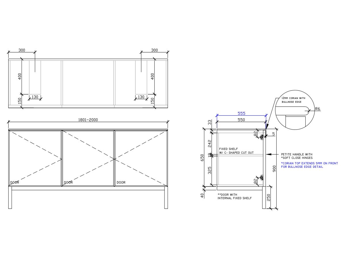 ISSY Adorn Undermount Vanity Unit with Legs Three Doors & Internal Shelves with Petite Handle 1801-2000mm x 550mm x 900mm DOUBLE (CENTRE LEFT)