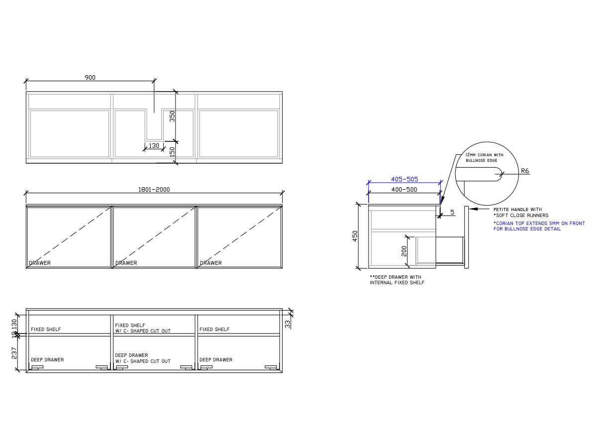 ISSY Adorn Above Counter / Semi Inset Wall Hung Vanity Unit with Three Drawers & Internal Shelves with Petite Handle 1801-2000mm x 400-500mm x 450mm CENTERED