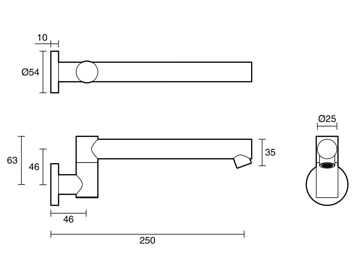 Technical Drawing - Scala Bath Outlet Swivel Straight 250mm