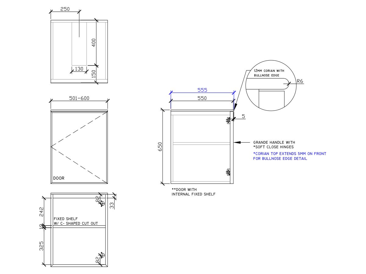 ISSY Adorn Undermount Wall Hung Vanity Unit with One Door & Internal Shelf with Grande Handle 501-600mm x 550mm x 650mm CENTER (RIGHT)