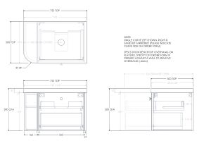 Technical Drawing - Kado Era 50mm Durasein Statement Top Single Curve All Drawer 750mm Wall Hung Vanity with Center Basin