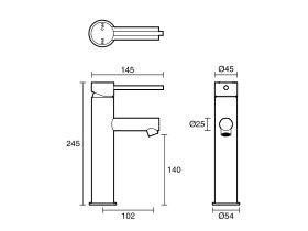 Technical Drawing - Scala Medium Basin Mixer Tap with 100mm Extended Pin