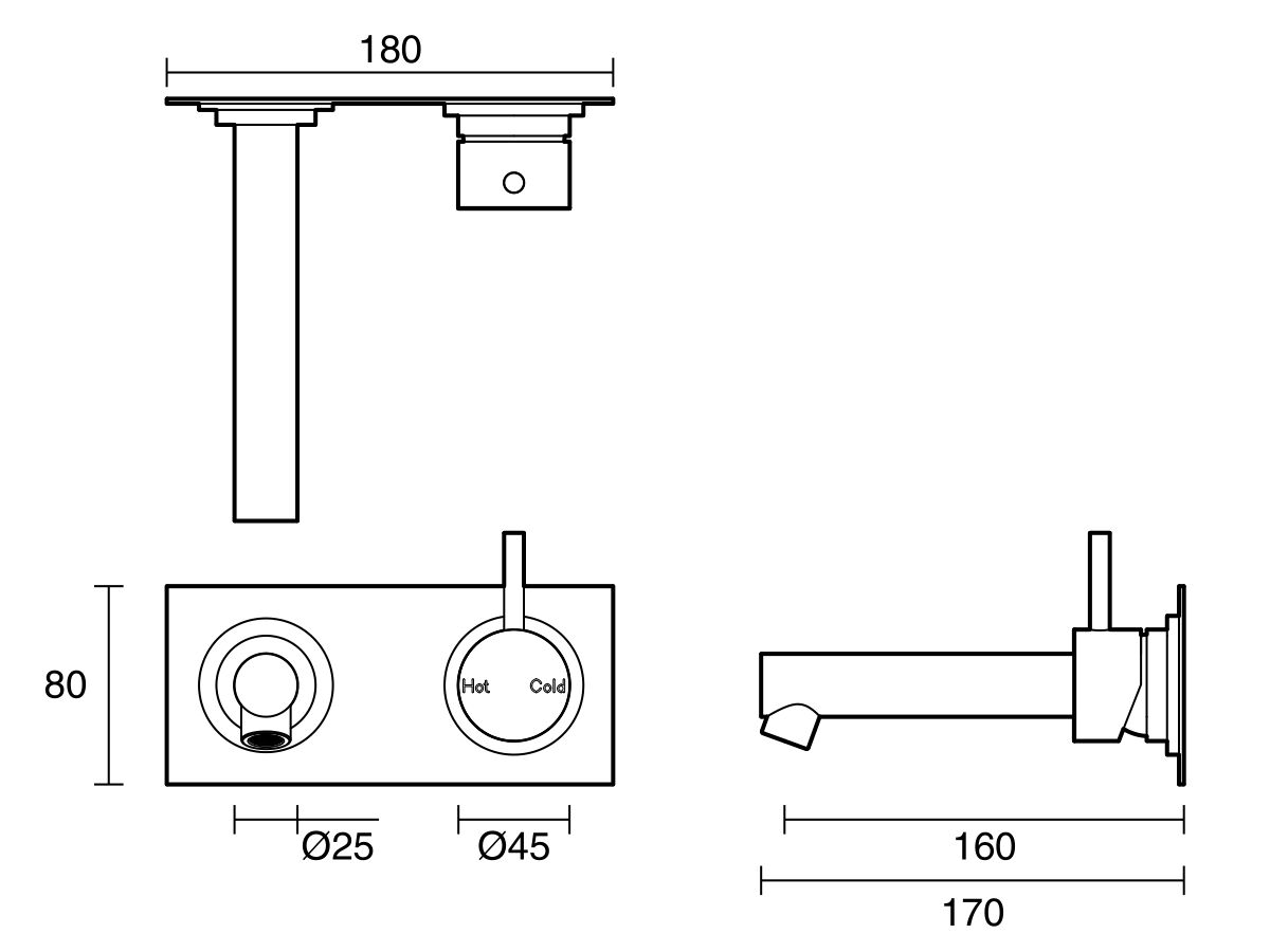 Technical Drawing - Scala Bath Mixer Tap Outlet System Straight 160mm Right Hand Operation