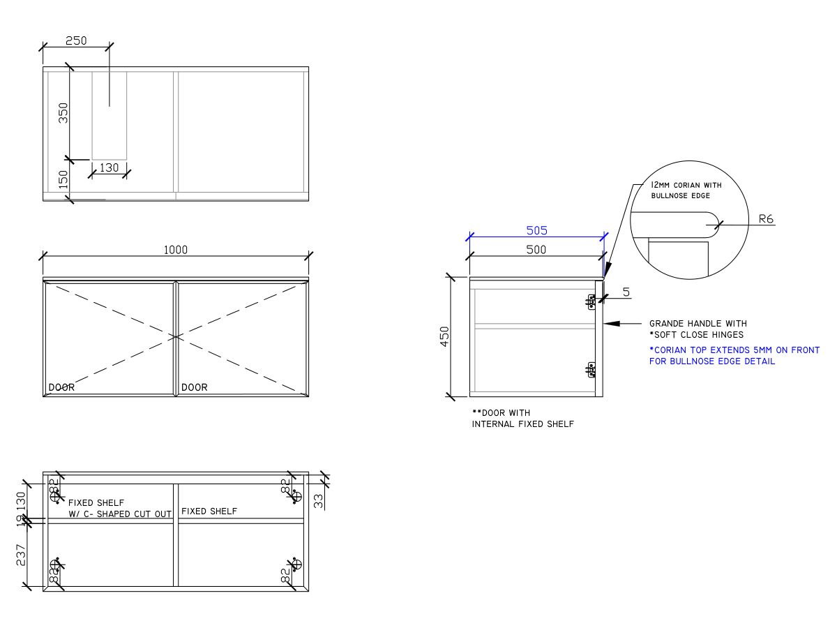 ISSY Adorn Above Counter / Semi Inset Wall Hung Vanity Unit with Two Doors & Internal Shelves with Grande Handle 1000mm x 500mm x 450mm OFFSET LEFT (OPENS BOTH SIDES)