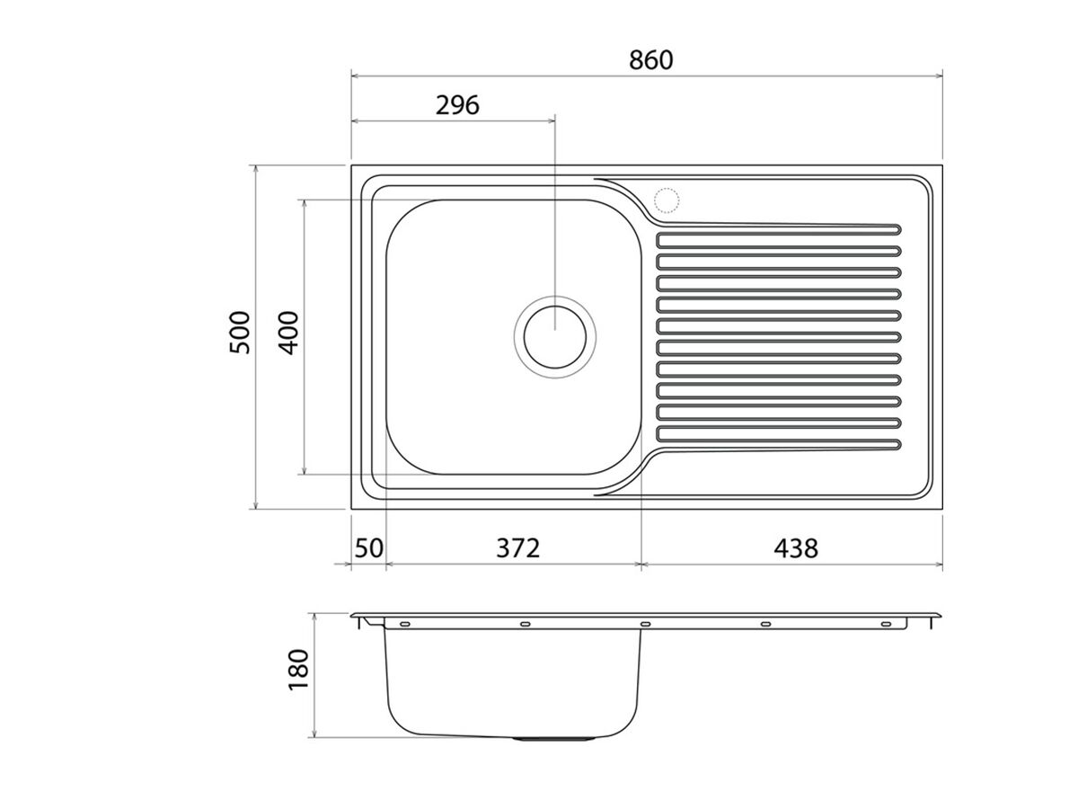 Clark Punch 1203.1R Single End Bowl Sink 1 Taphole Right Hand Bowl 860mm Stainless Steel