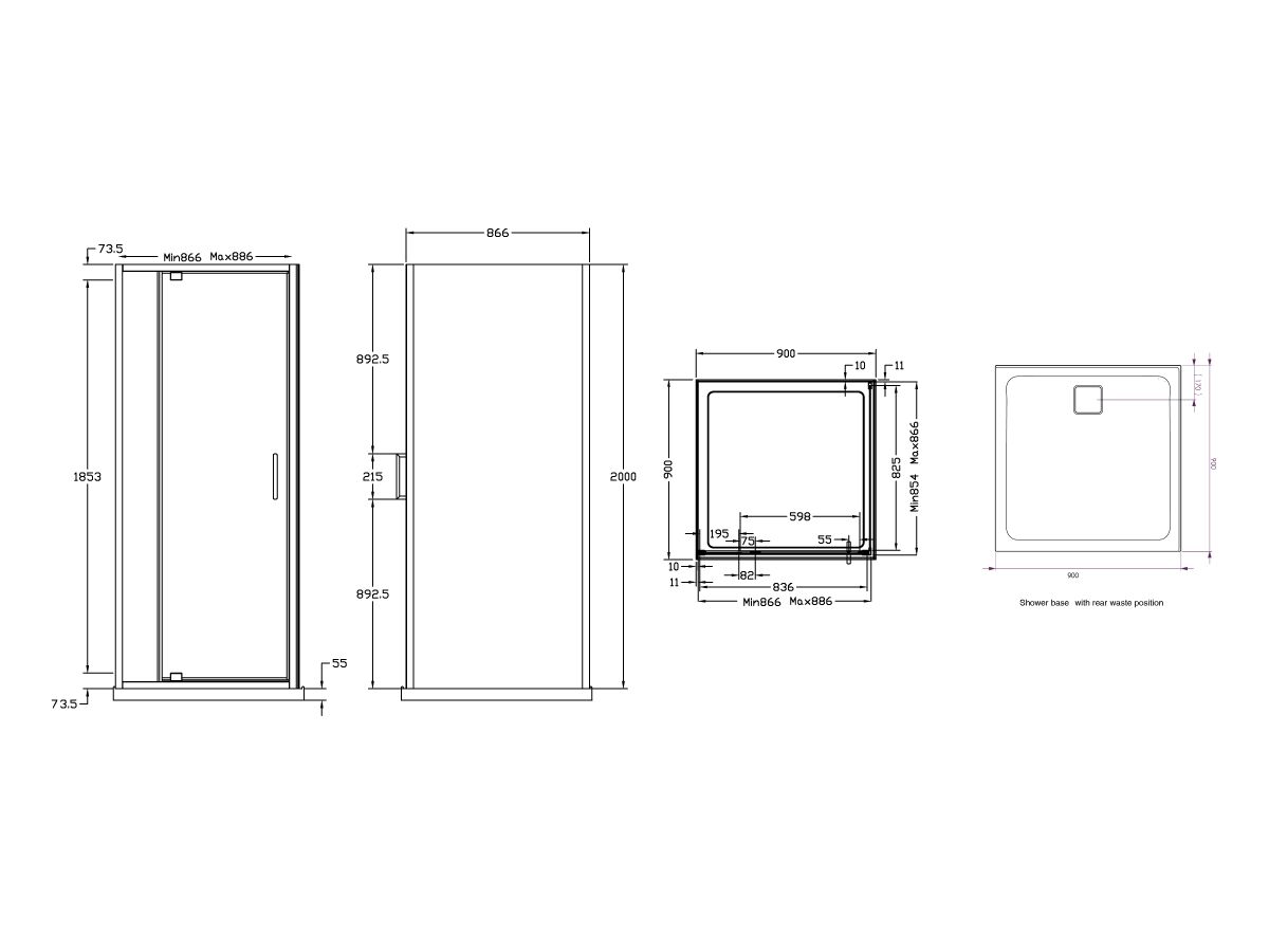 Posh Bristol Luna Shower Base & Shower Screen with Rear Outlet 900mm x