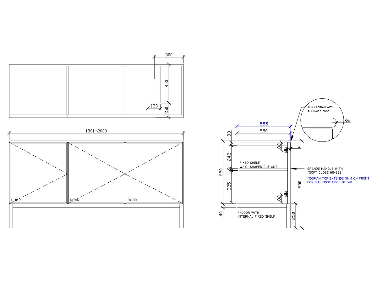 ISSY Adorn Undermount Vanity Unit with Legs Three Doors & Internal Shelves with Grande Handle 1801-2000mm x 550mm x 900mm OFFSET RIGHT (CENTRE LEFT)