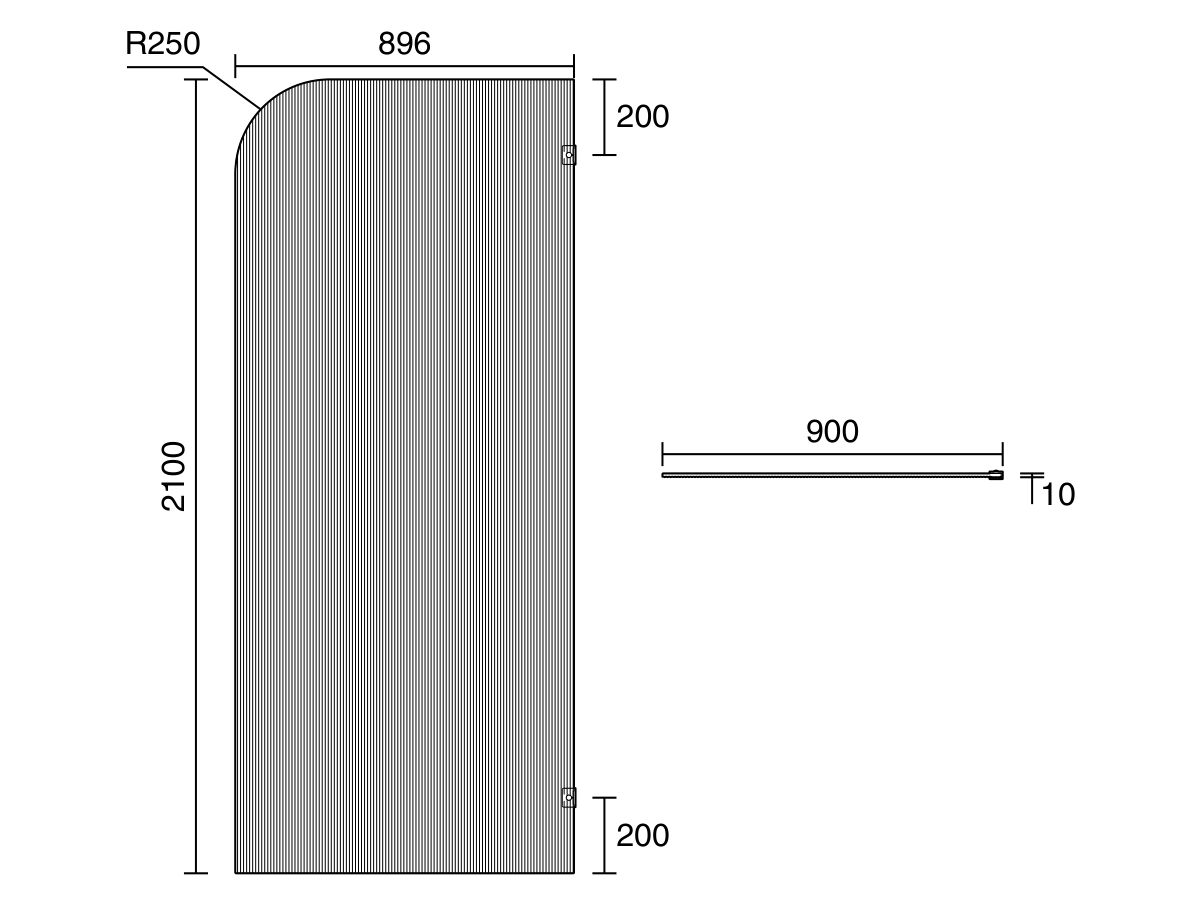 Technical Drawing - Kado Lux Frameless Curved Right Fluted Panel with Wall Clips 900mm