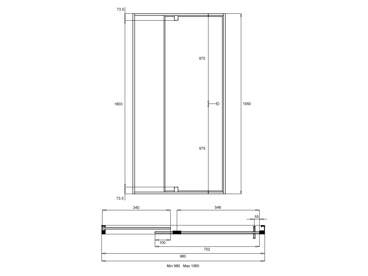 Creative Glass Semi-Framed Front Only shower screen with pivot door - Height 1950 x Front 980-1060. 6mm Clear toughened glass and Polished Silver frame.
