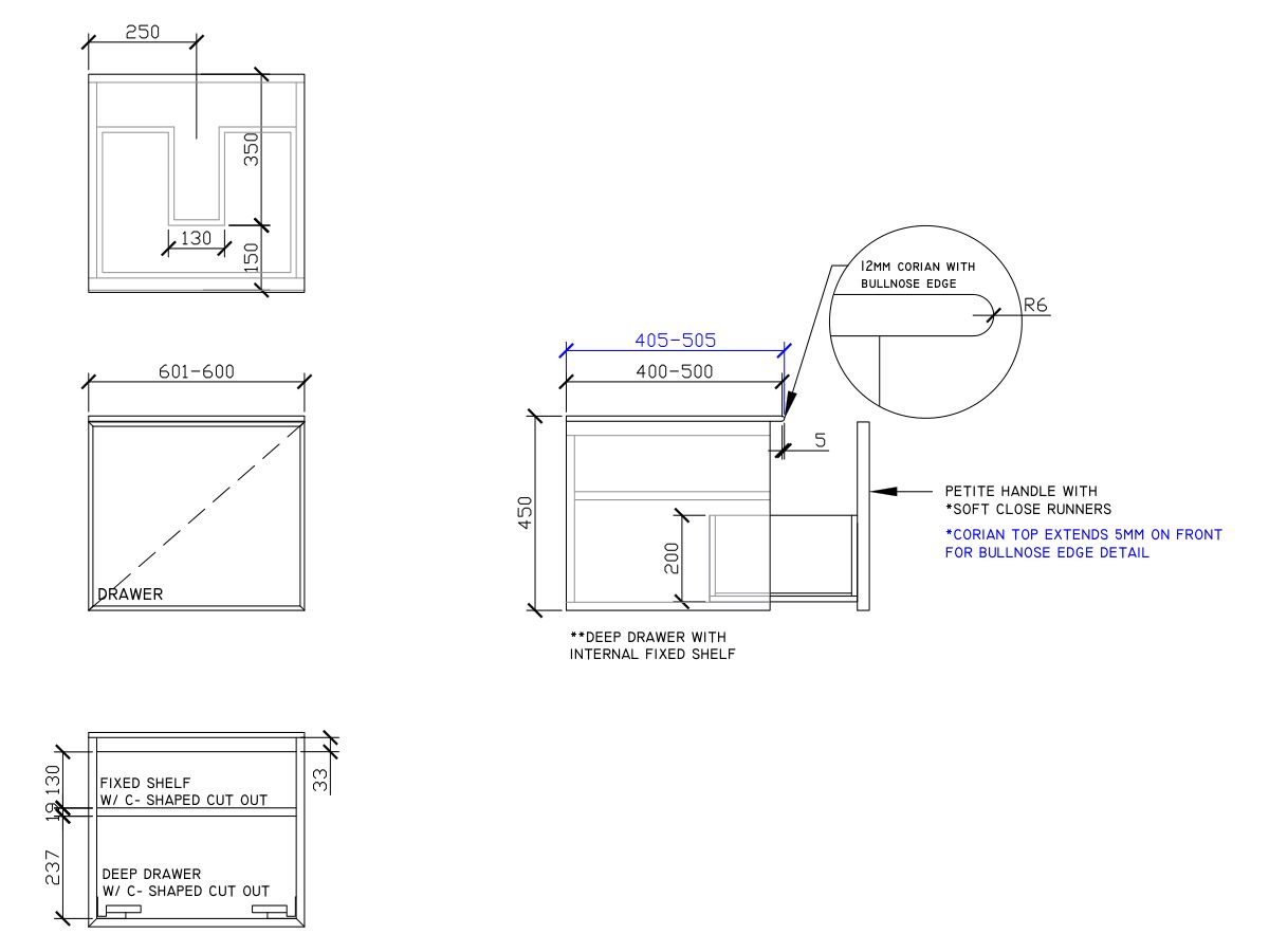 ISSY Adorn Above Counter / Semi Inset Wall Hung Vanity Unit with One Drawer & Internal Shelf with Petite Handle 501-600mm x 400-500mm x 450mm CENTER