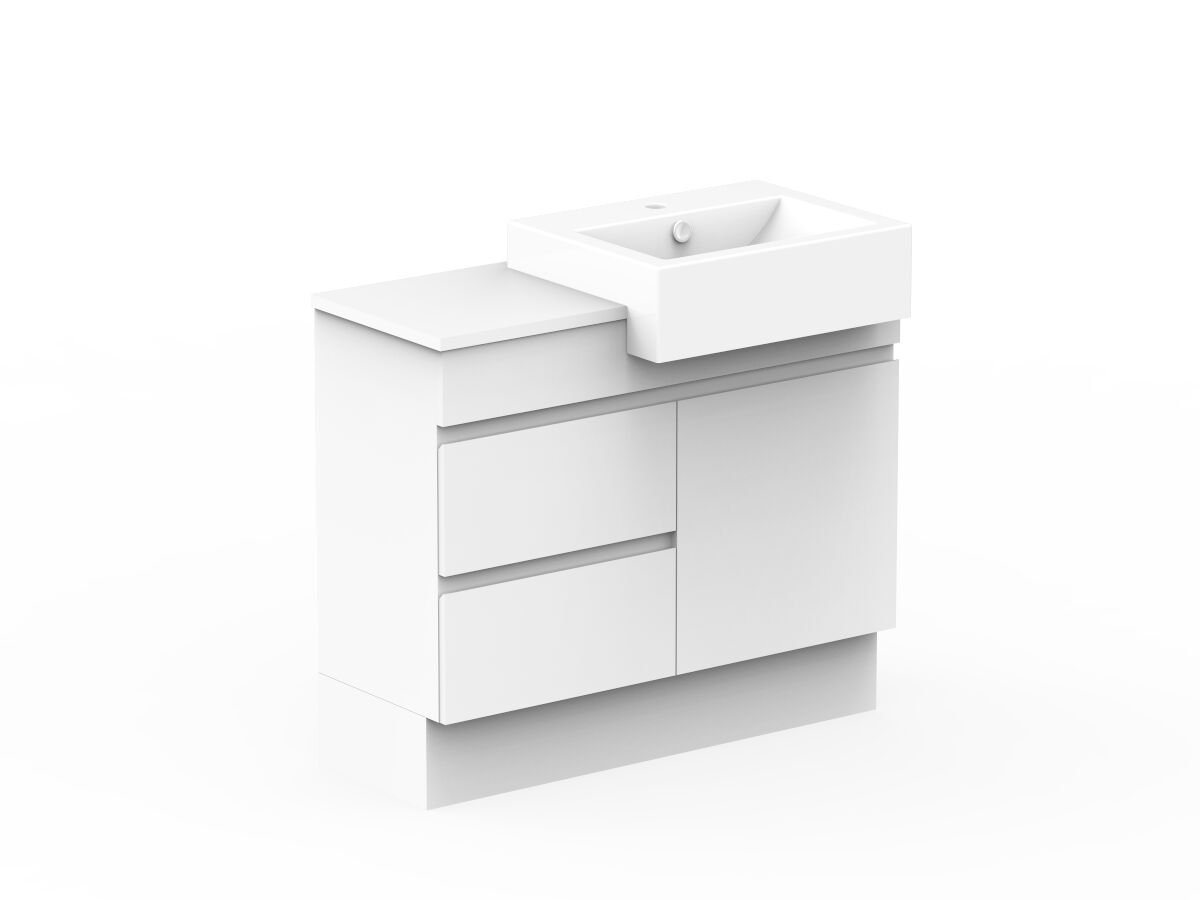 Posh Domaine Plus Semi-Recessed 900 Right Hand Bowl Floor Mount Vanity Unit Caesarstone Top