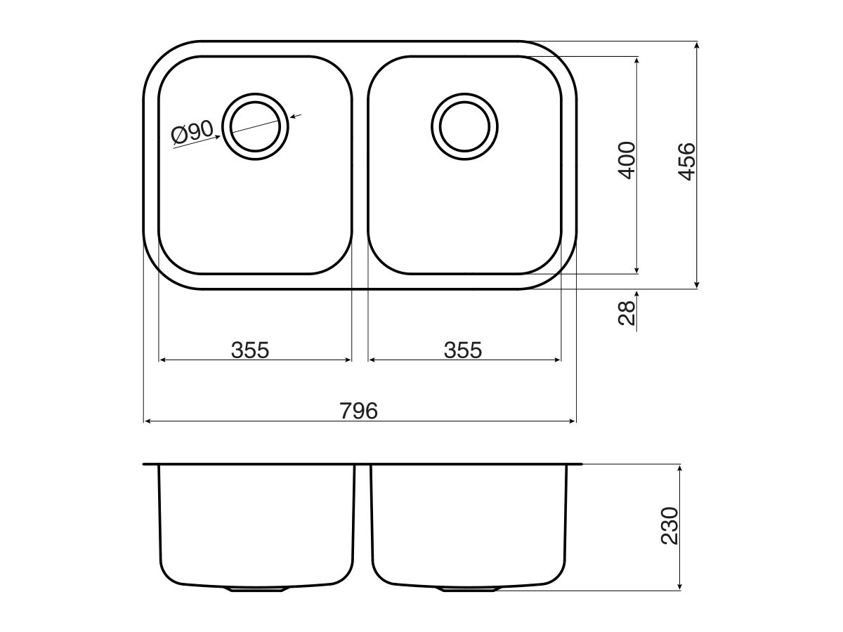 AFA Flow Double Bowl Undermount Sink No Taphole 796mm Stainless Steel