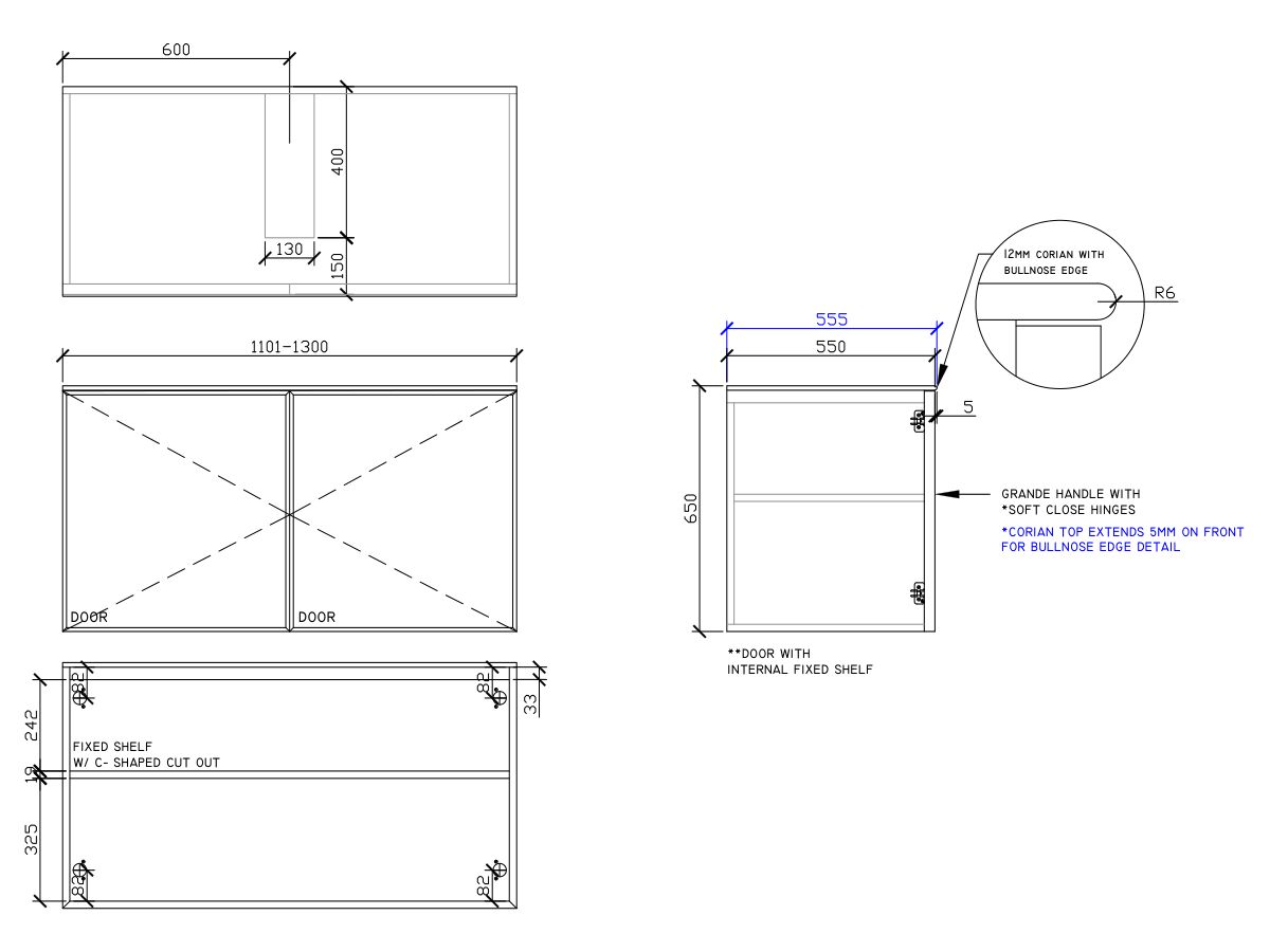 ISSY Adorn Undermount Wall Hung Vanity Unit with Two Doors & Internal Shelf with Grande Handle 1101-1300mm x 550mm x 650mm CENTERED (OPENS BOTH SIDES)