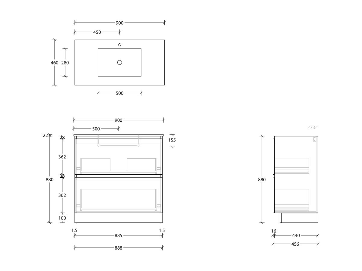 Posh Domaine AllDrawer Twin 900mm Floor Mounted Vanity Unit Cast