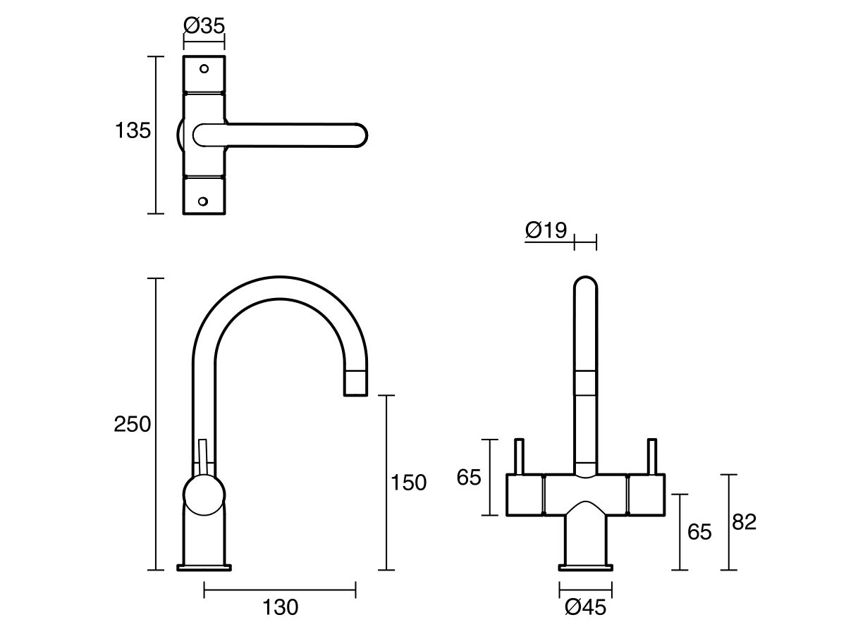 Technical Drawing - Scala Mini Twin Handle Mixer Tap Small Curved