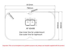 Cut Out Template - AFA Flow Double Bowl Undermount/Inset Sink 1 Taphole 838 x 490mm Stainless Steel