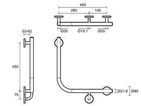 Mizu Drift 450 x 450 x 90deg Ambulant Toilet Grab Rail Right Hand