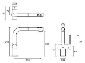 Technical Drawing - Scala Horizontal Pullout Sink Mixer Tap 2 Functions
