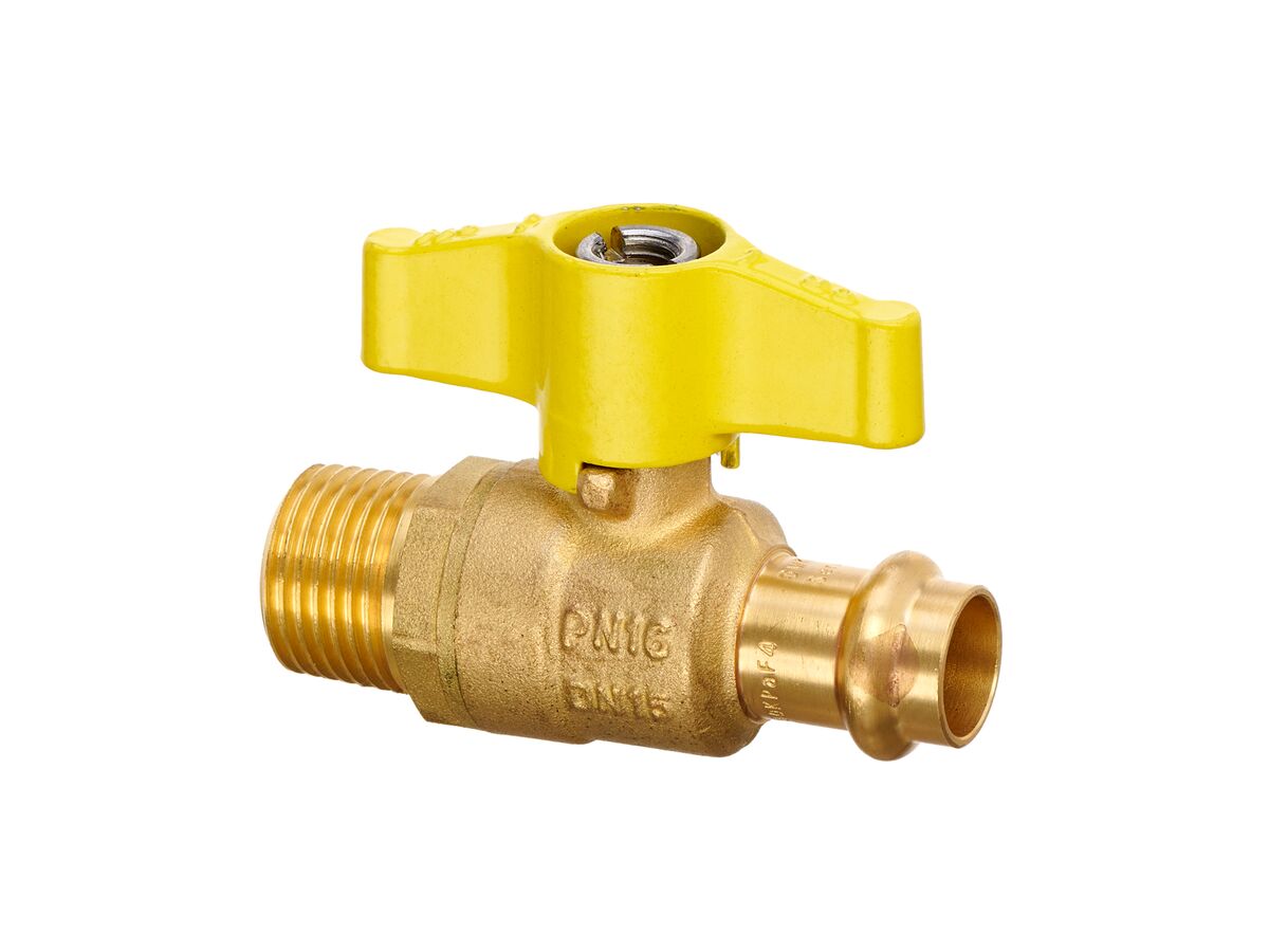 BPress Gas Ball Valve w/ THandle 15mm Copper x 15mm Male BSP from Reece