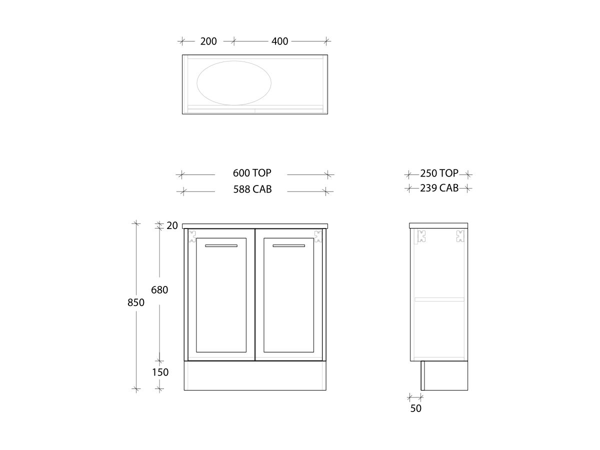 Kado Lux Petite Vanity Unit Floor Mount 600 Left & Right Bowl (Basin Included)