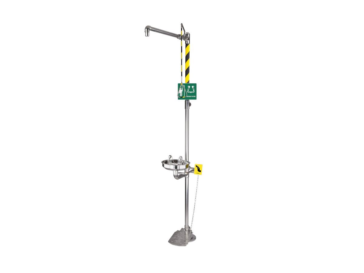 Gentec ECOSAFE Combination Floor-Mounted Shower and Eye Wash with Stainless Steel Bowl and Foot Pedal.