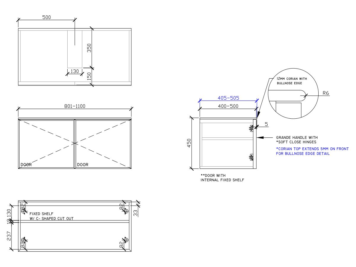 ISSY Adorn Above Counter / Semi Inset Wall Hung Vanity Unit with Two Doors & Internal Shelf with Grande Handle 801-1100mm x 400-500mm x 450mm CENTERED (OPENS BOTH SIDES)