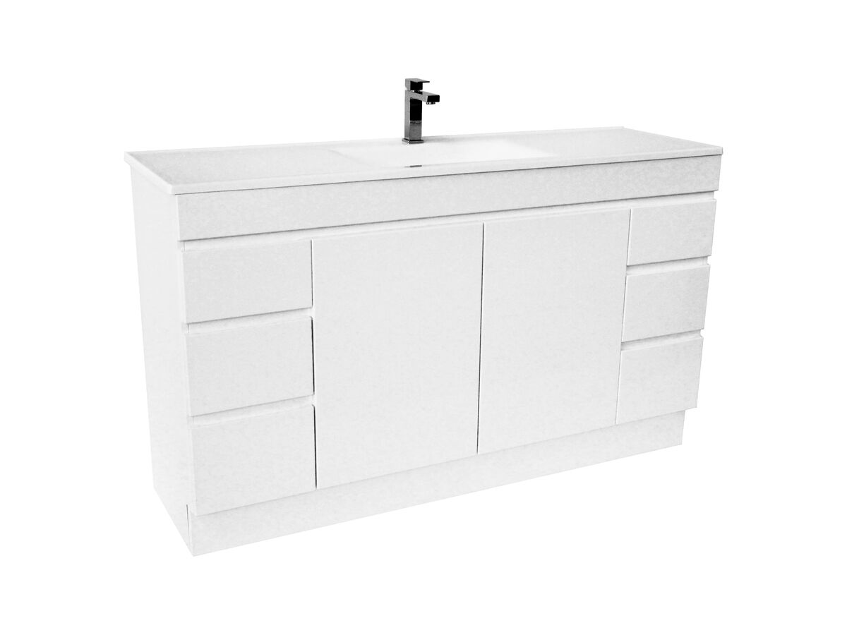Espire Single Bowl Vanity Unit with Kick Wave Top 2 Door and 6 Drawer 1500mm White