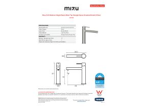 Specification Sheet - Mizu Drift Medium Height Basin Mixer Tap Straight Spout Brushed Nickel (6 Star)