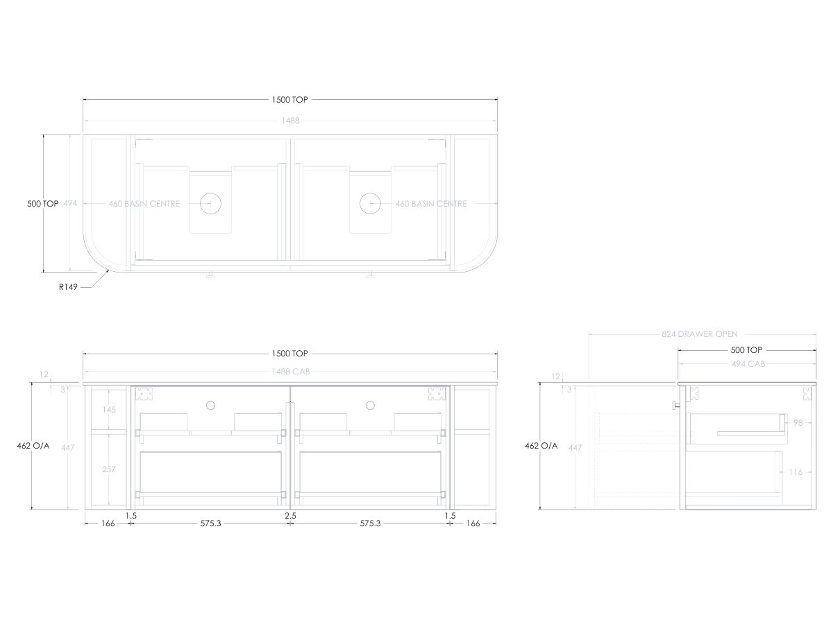 Kado Era 12mm Durasein Top Double Curve All Drawer 1500mm Wall Hung Vanity with Double Basin