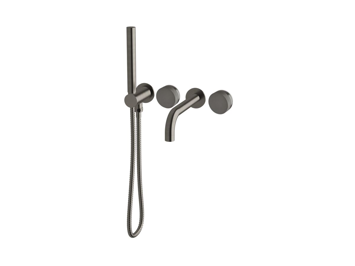 Milli Pure Progressive Bath Mixer Tap System 250mm with Hand Shower Right Hand and Linear Textured Handles Brushed Gunmetal (3 star)