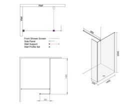 Kado Lux Fixed Shower Screen Panel with Side Panel and Wall Support 1400mm Chrome