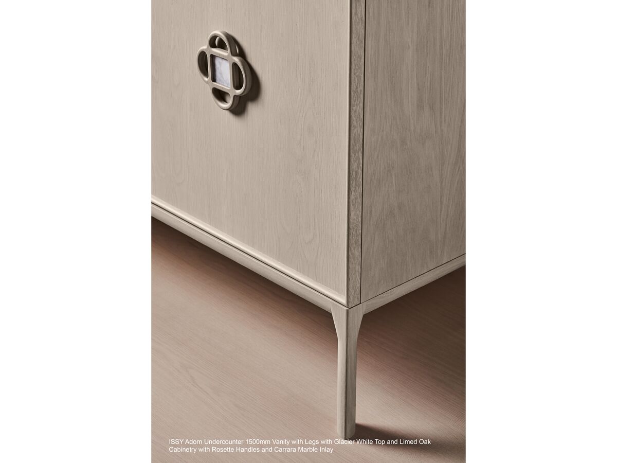 Adorn 4 vanity with Carrara Tulip handle and Halo shaving cabinet portrait close up - Limed Oak