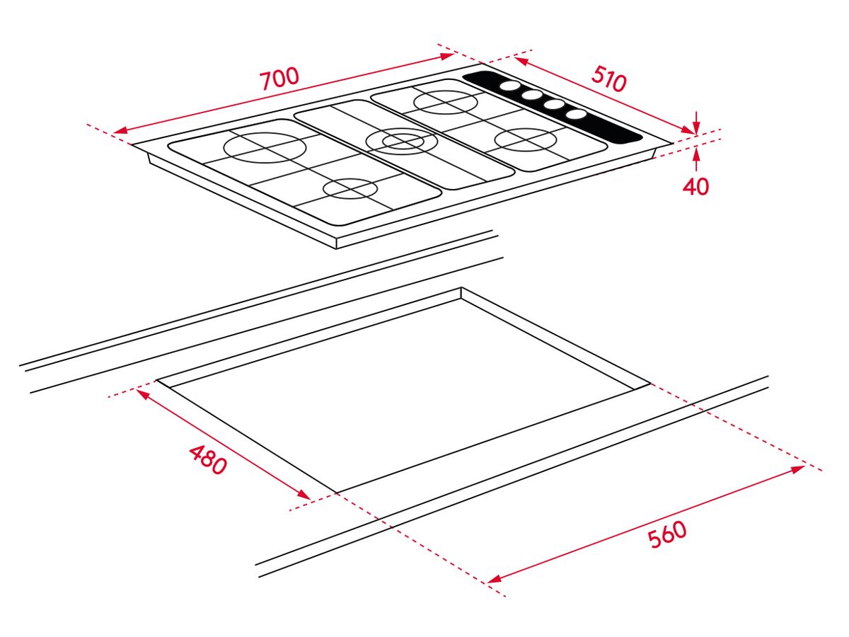 Inalto Cooktop Gas 700mm 5 Burner Including Wok Burner