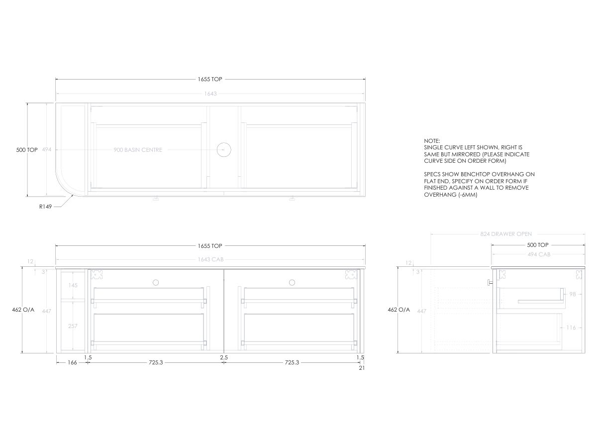 Kado Era 12mm Durasein Top Single Curve All Drawer 1650mm Wall Hung Vanity with Center Basin