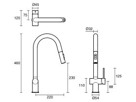 Technical Drawing - Scala Gooseneck Pullout Sink Mixer Tap 2 Functions