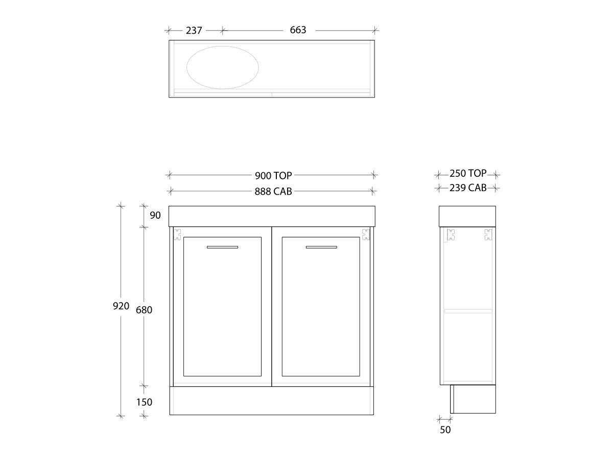 Kado Lux Petite Vanity Unit Floor Mount 900 Left & Right Bowl Statement Top (Basin Included)