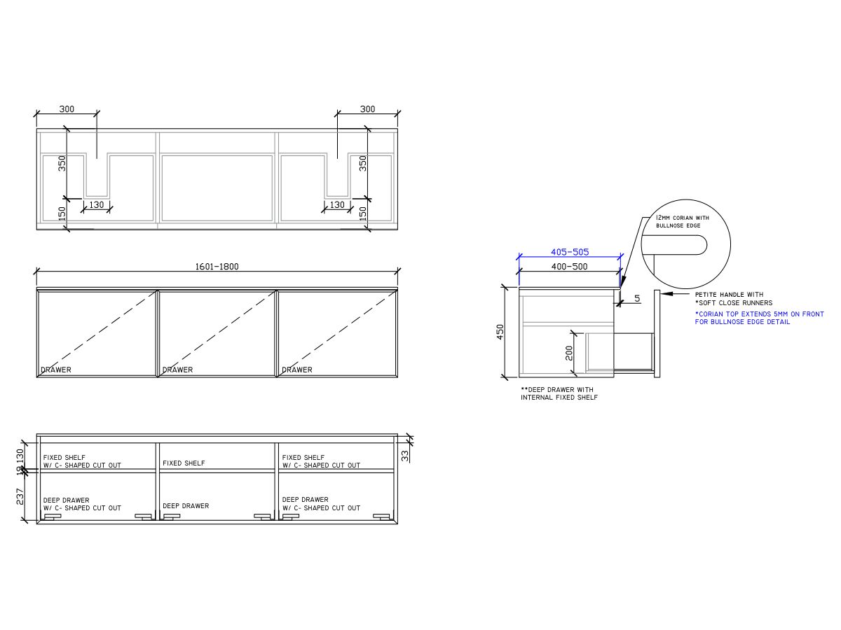 ISSY Adorn Above Counter / Semi Inset Wall Hung Vanity Unit with Three Drawers & Internal Shelves with Petite Handle 1601-1800mm x 400-500mm x 450mm DOUBLE