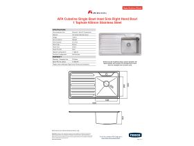 Specification Sheet - AFA Cubeline Single Bowl Inset Sink Right Hand Bowl 1 Taphole 930mm Stainless Steel
