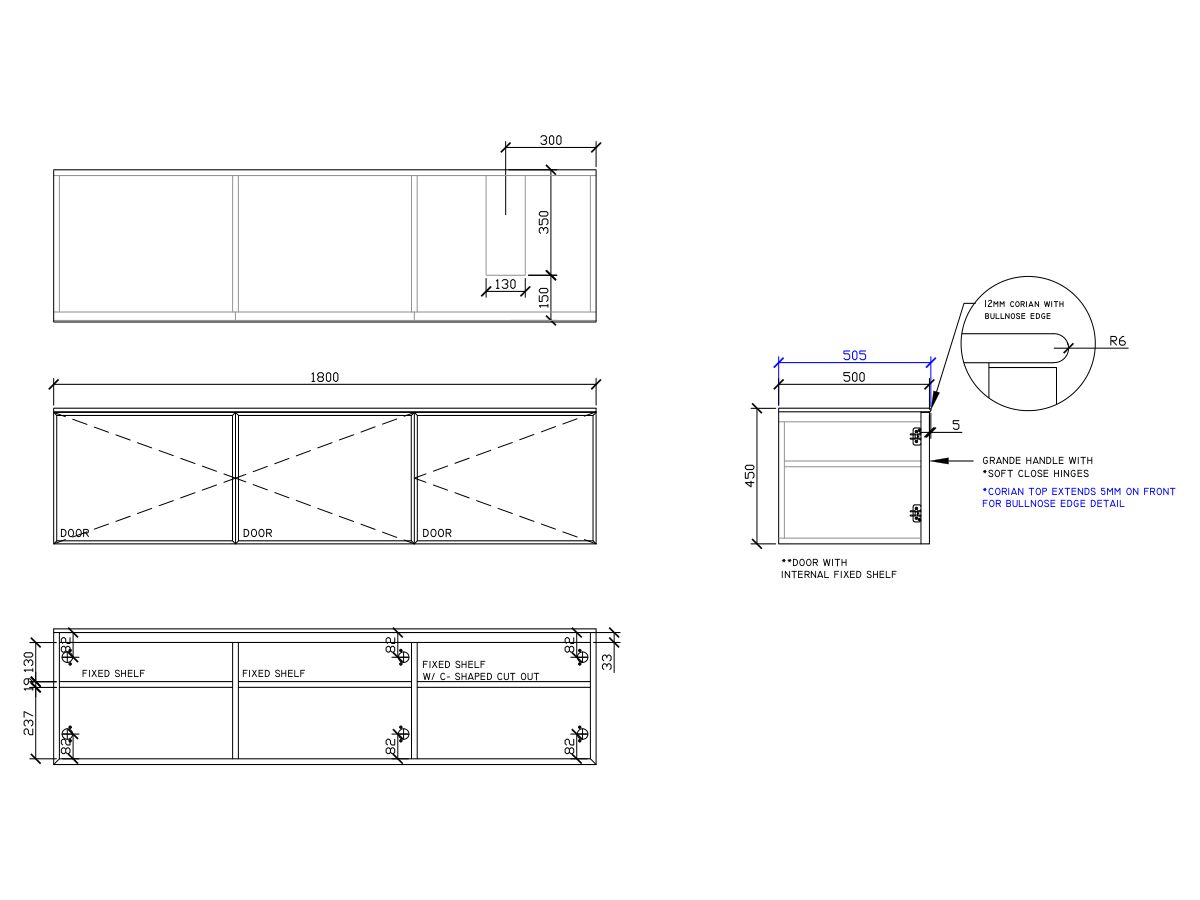 ISSY Adorn Above Counter / Semi Inset Wall Hung Vanity Unit with Three Doors & Internal Shelves with Grande Handle 1800mm x 500mm x 450mm OFFSET RIGHT (CENTRE RIGHT)