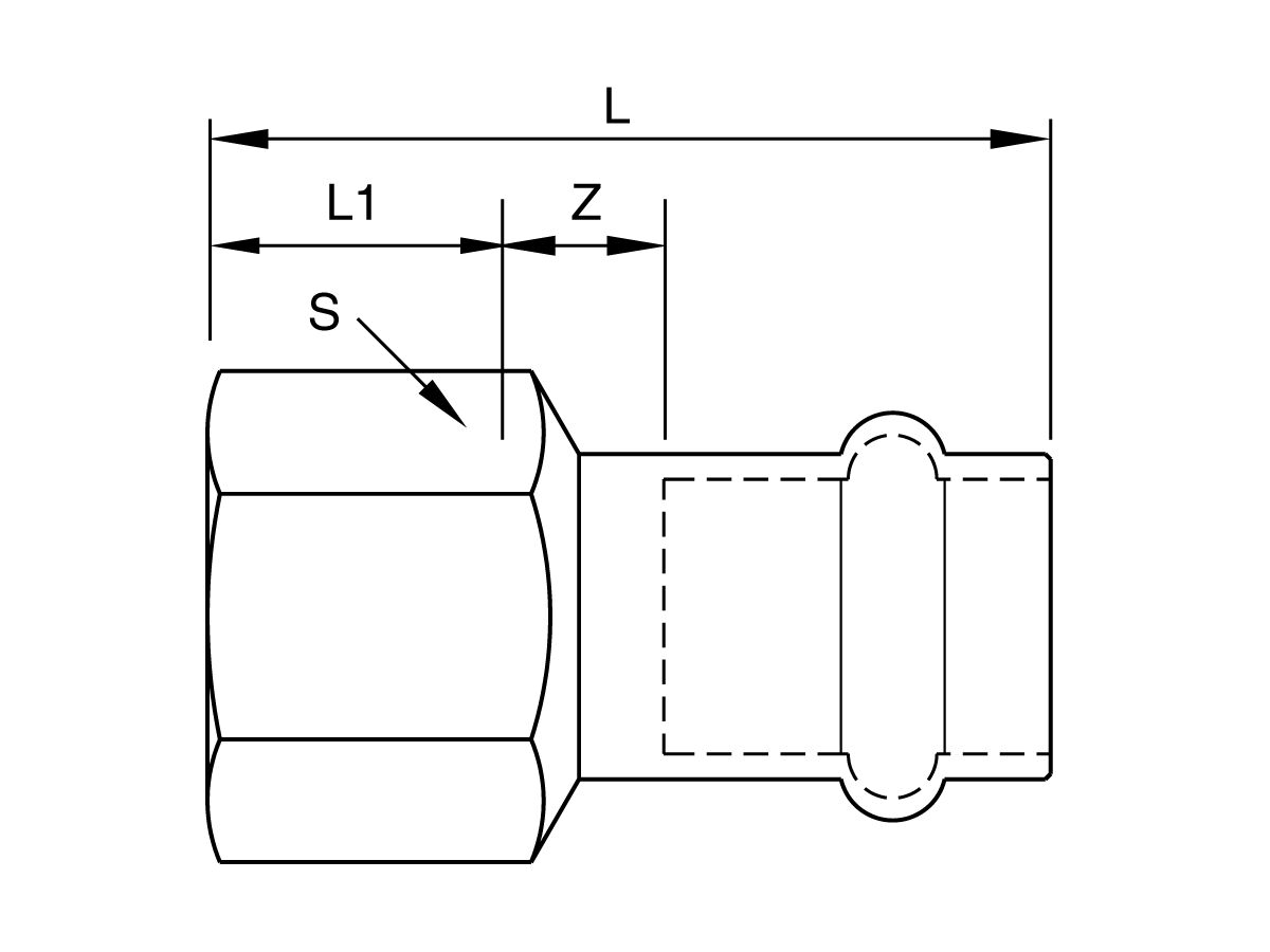 Technical Drawing - >B< Press Stainless Steel Female Straight Connector