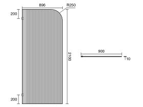 Technical Drawing - Kado Lux Frameless Curved Left Fluted Panel with Wall Clips 900mm